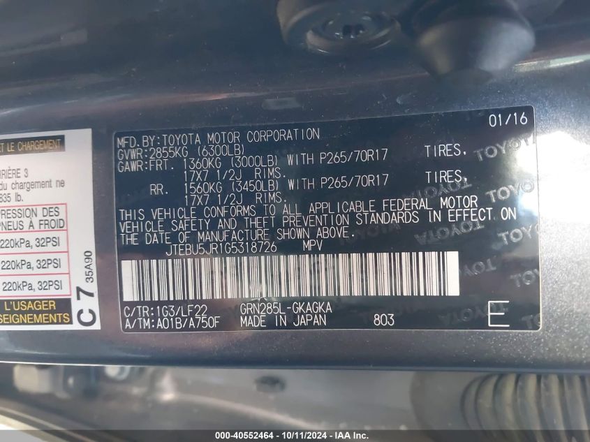 JTEBU5JR1G5318726 2016 Toyota 4Runner Trd Pro