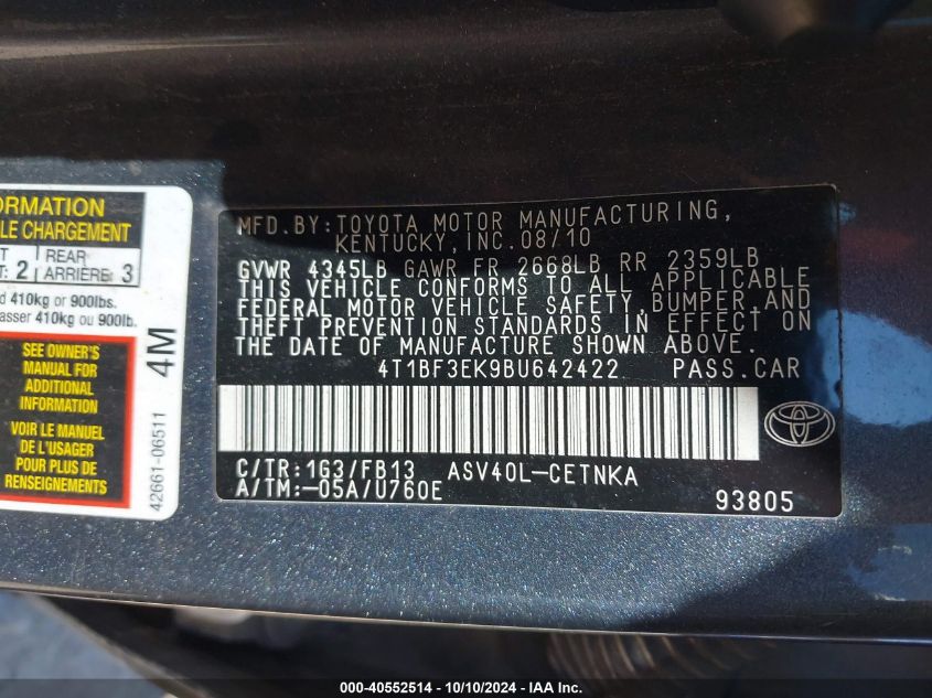 4T1BF3EK9BU642422 2011 Toyota Camry Le