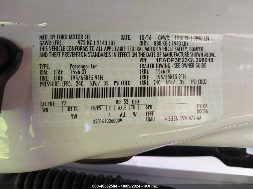 1FADP3E23GL398618 2016 Ford Focus S