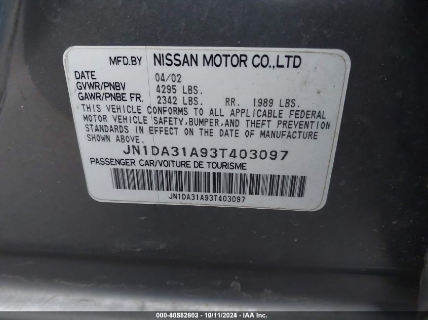 2003 Nissan Maxima Se VIN: JN1DA31A93T403097 Lot: 40552603