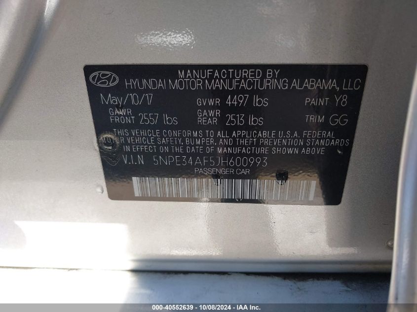 5NPE34AF5JH600993 2018 Hyundai Sonata Limited