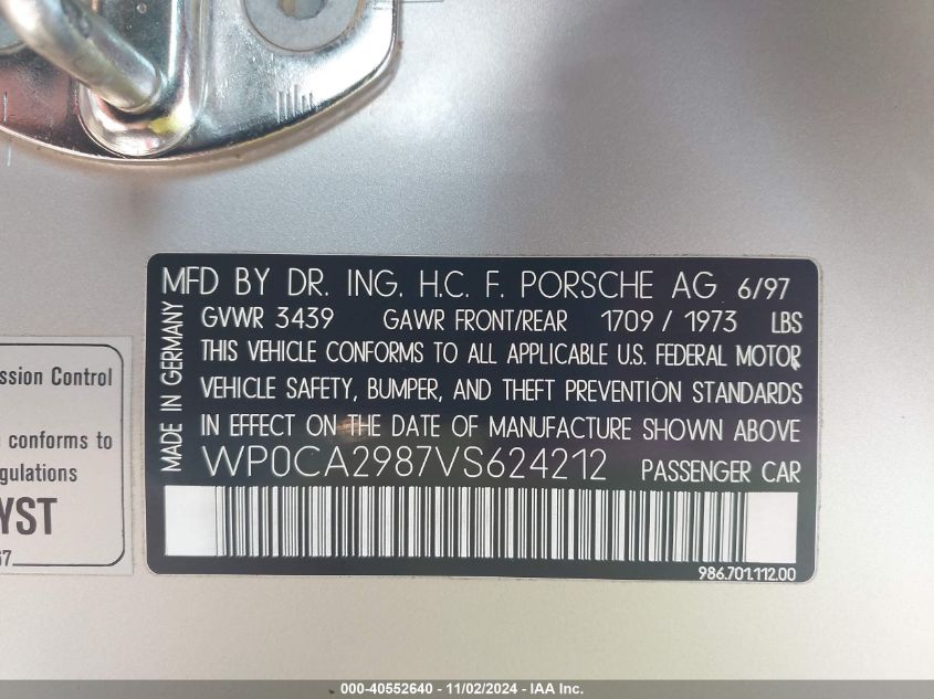 1997 Porsche Boxster VIN: WP0CA2987VS624212 Lot: 40552640