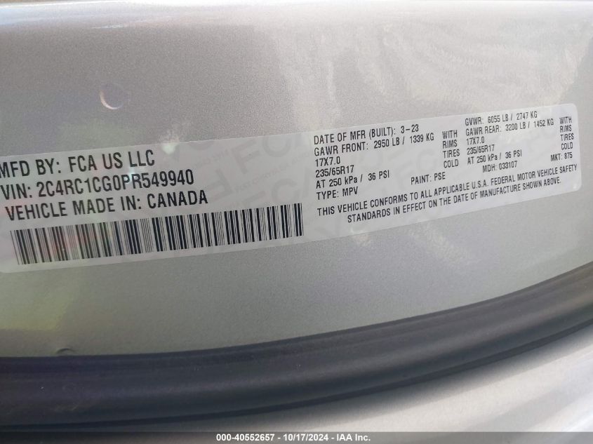 2023 Chrysler Voyager Lx VIN: 2C4RC1CG0PR549940 Lot: 40552657