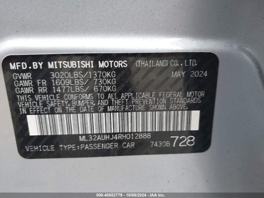 2024 Mitsubishi Mirage Es/Le VIN: ML32AUHJ4RH012888 Lot: 40552779