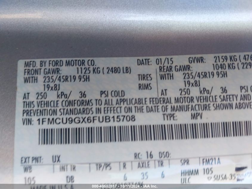 1FMCU9GX6FUB15708 2015 Ford Escape Se