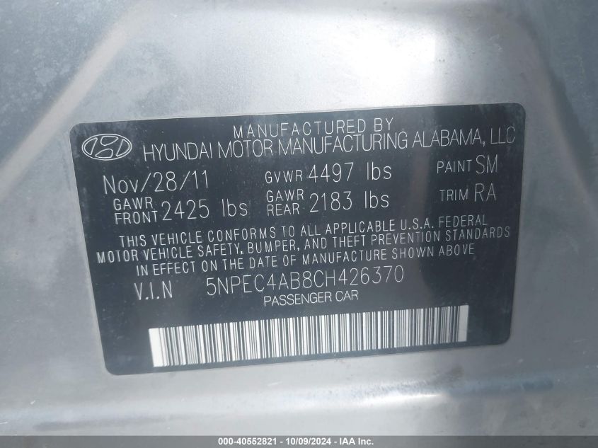 5NPEC4AB8CH426370 2012 Hyundai Sonata Se/Limited