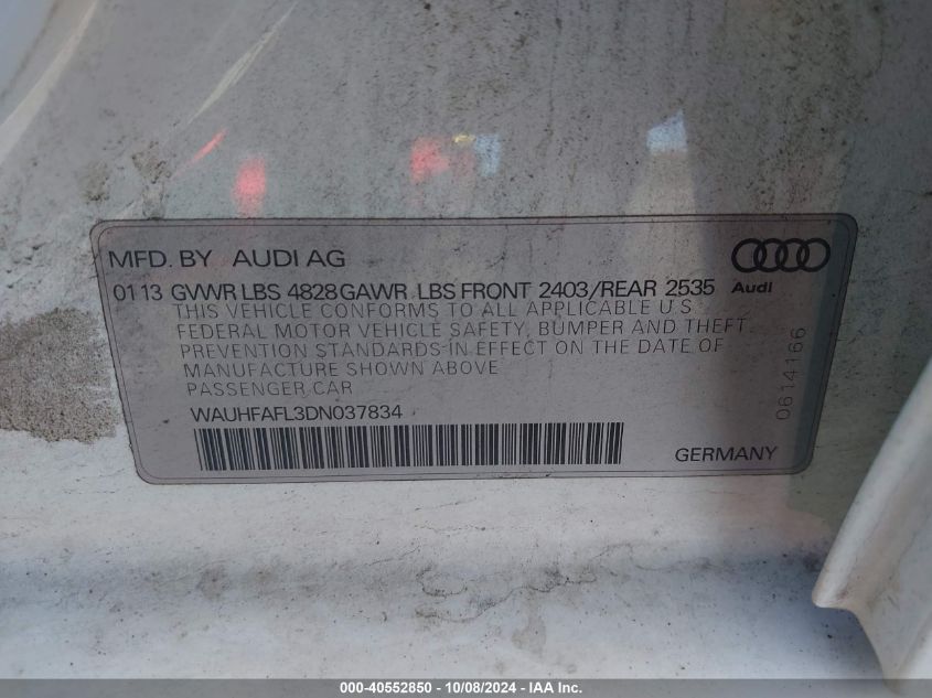 WAUHFAFL3DN037834 2013 Audi A4 2.0T Premium