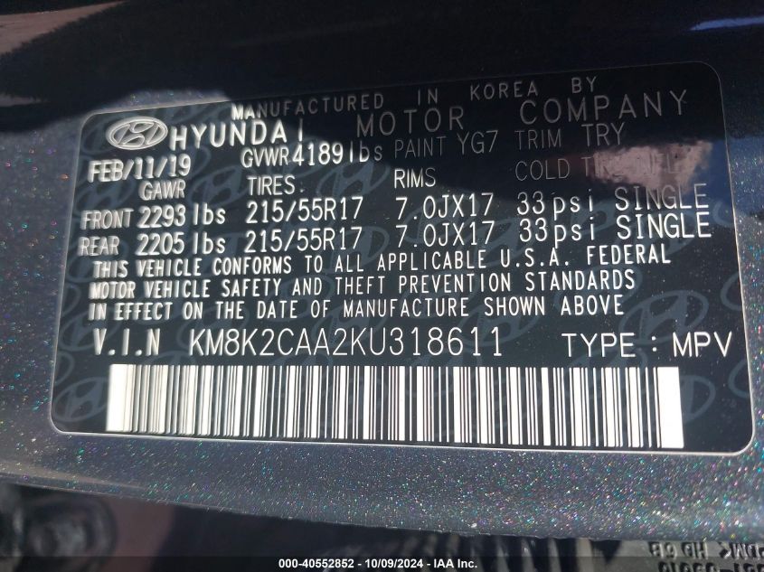 2019 Hyundai Kona Sel VIN: KM8K2CAA2KU318611 Lot: 40552852