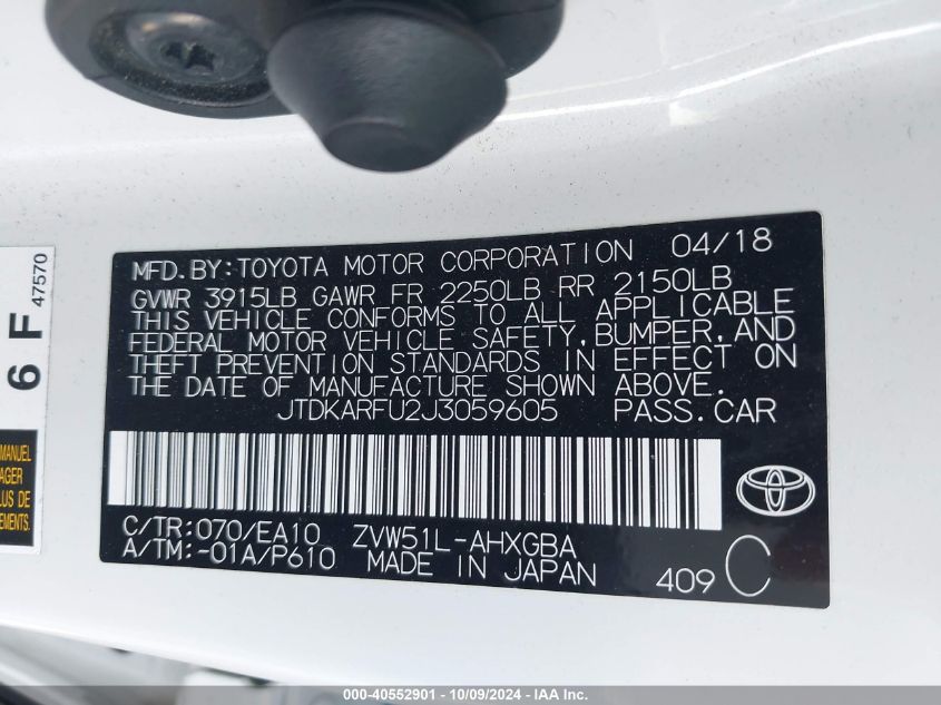 2018 Toyota Prius Four VIN: JTDKARFU2J3059605 Lot: 40552901