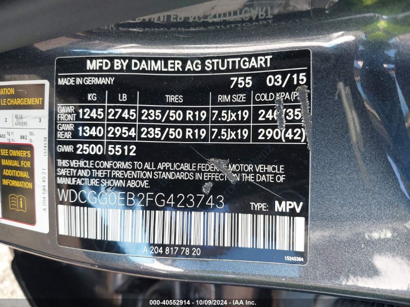 WDCGG0EB2FG423743 2015 Mercedes-Benz Glk 250 Bluetec 4Matic