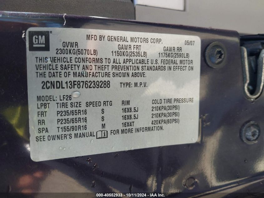 2CNDL13F876239288 2007 Chevrolet Equinox Ls