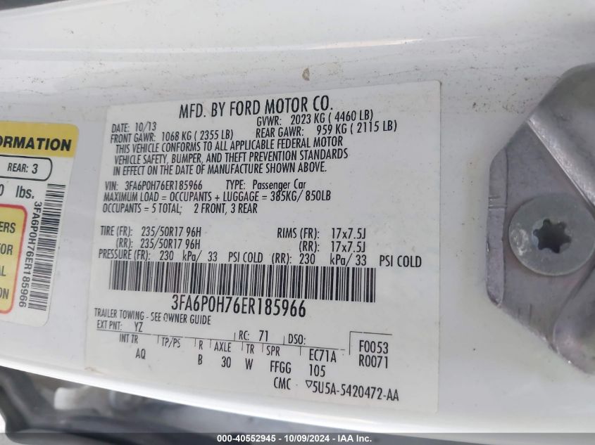 3FA6P0H76ER185966 2014 Ford Fusion Se