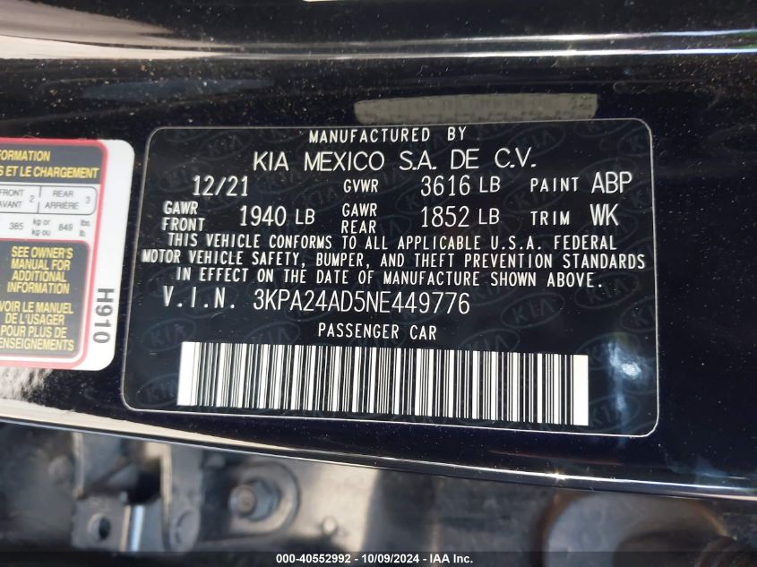 3KPA24AD5NE449776 2022 Kia Rio Lx/S