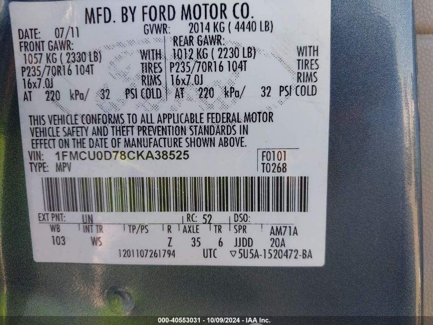 1FMCU0D78CKA38525 2012 Ford Escape Xlt