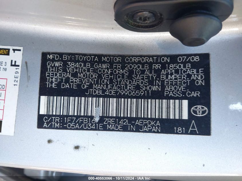 JTDBL40E799065911 2009 Toyota Corolla Le