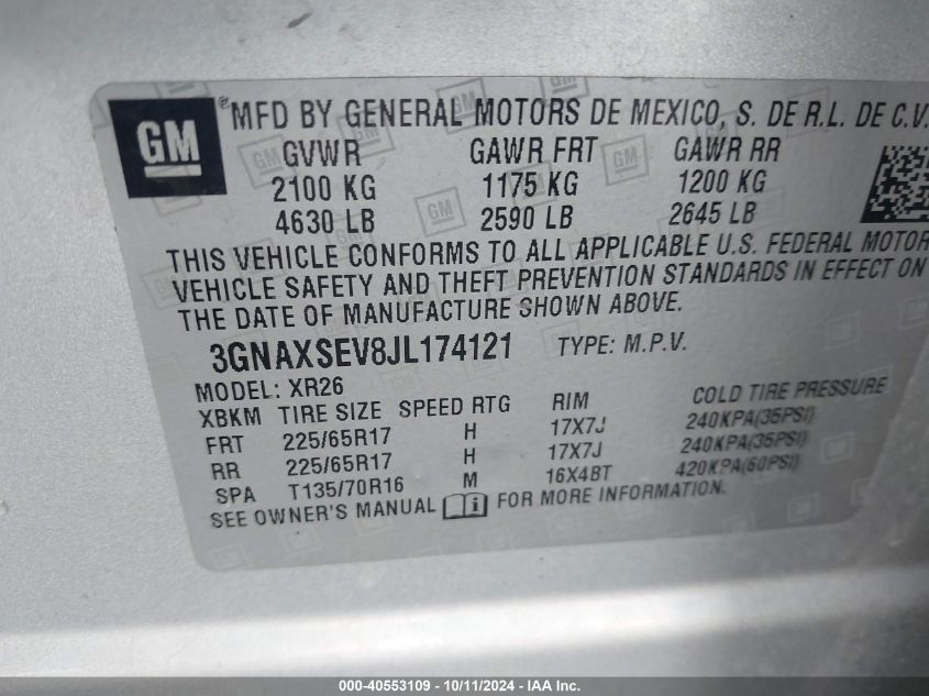 3GNAXSEV8JL174121 2018 Chevrolet Equinox Lt