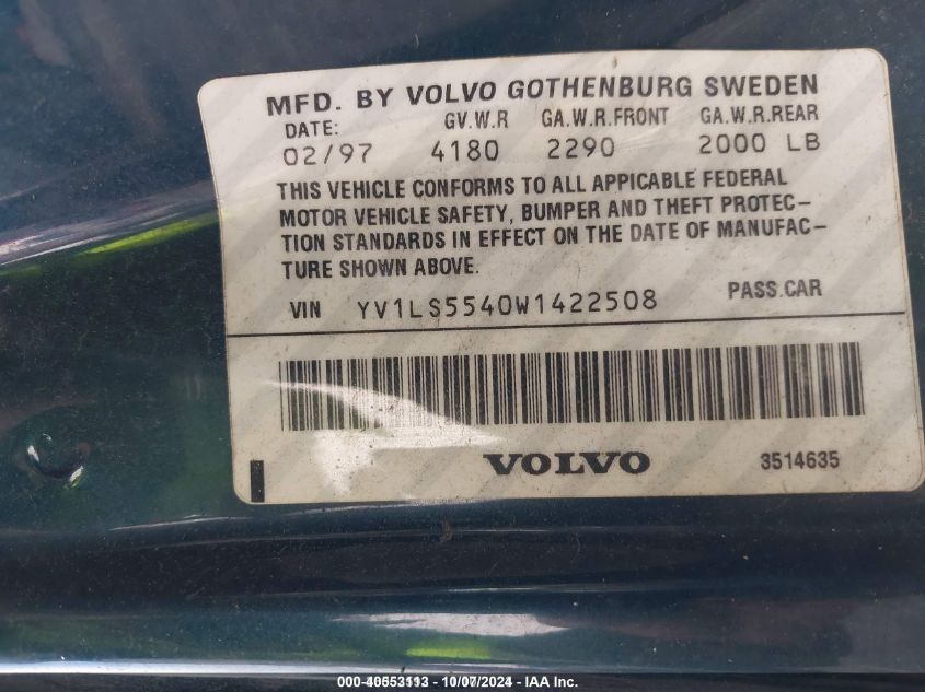 1998 Volvo S70 Gtas/Gtms VIN: YV1LS5540W1422508 Lot: 40553113