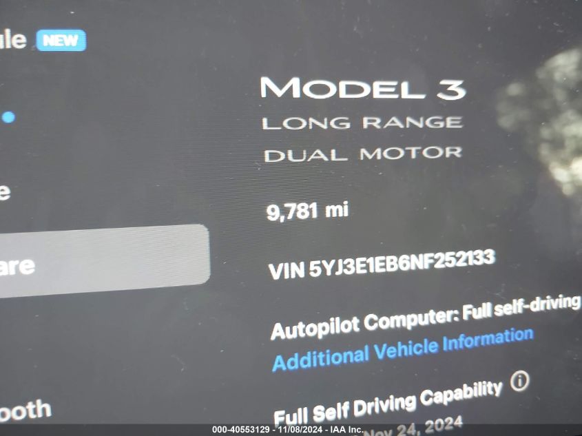 2022 Tesla Model 3 Long Range Dual Motor All-Wheel Drive VIN: 5YJ3E1EB6NF252133 Lot: 40553129