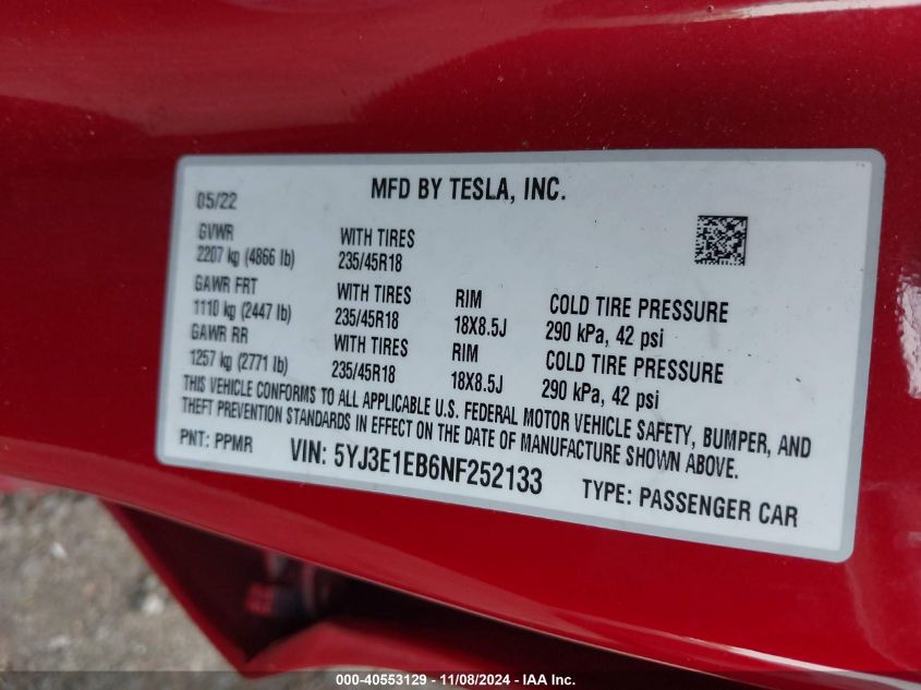 2022 Tesla Model 3 Long Range Dual Motor All-Wheel Drive VIN: 5YJ3E1EB6NF252133 Lot: 40553129