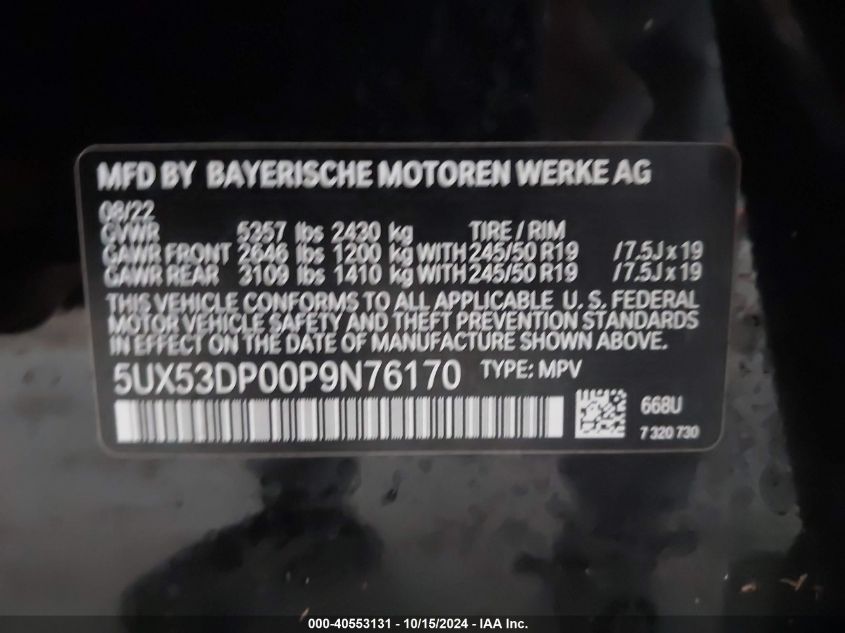 2023 BMW X3 xDrive30I VIN: 5UX53DP00P9N76170 Lot: 40553131