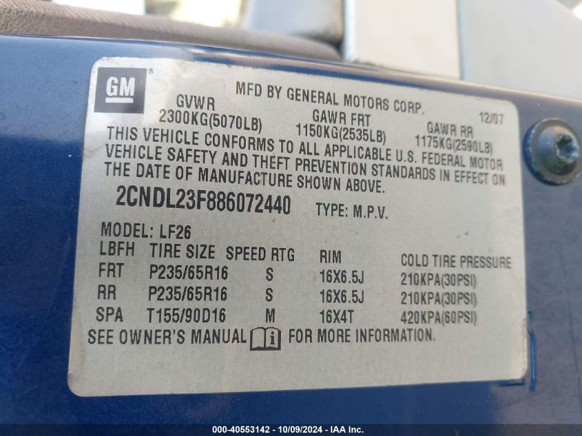 2CNDL23F886072440 2008 Chevrolet Equinox Ls