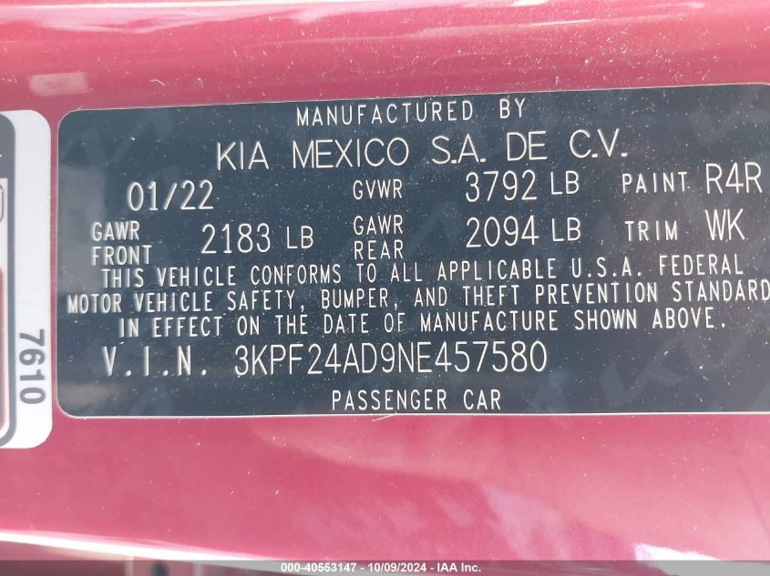 3KPF24AD9NE457580 2022 Kia Forte Lxs