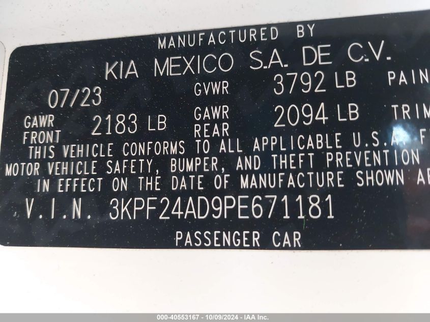 3KPF24AD9PE671181 2023 Kia Forte Lxs