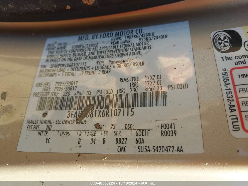 3FAHP081X6R107115 2006 Ford Fusion Sel