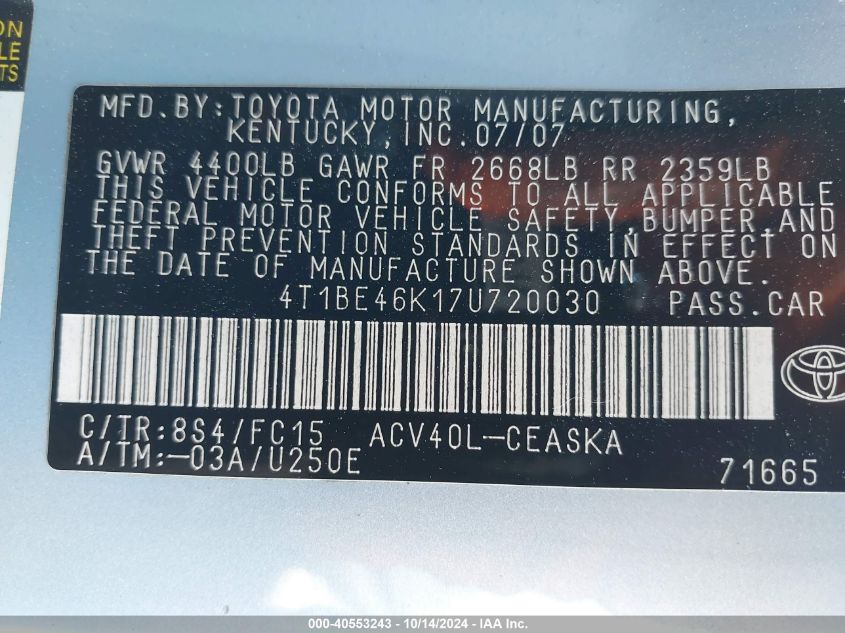 2007 Toyota Camry Se VIN: 4T1BE46K17U720030 Lot: 40553243