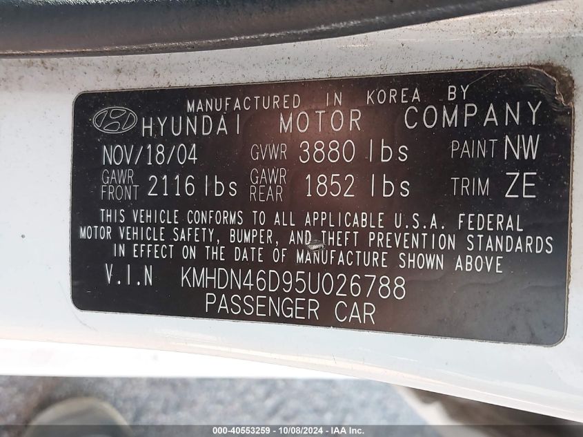 KMHDN46D95U026788 2005 Hyundai Elantra Gls/Gt