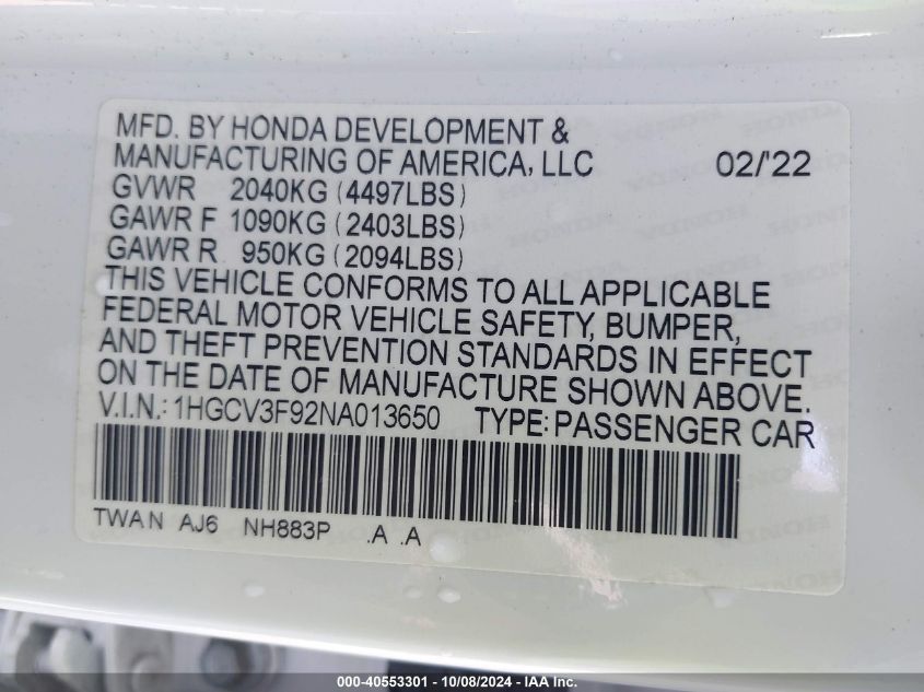 2022 Honda Accord Hybrid Touring VIN: 1HGCV3F92NA013650 Lot: 40553301