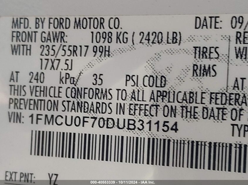 1FMCU0F70DUB31154 2013 Ford Escape S