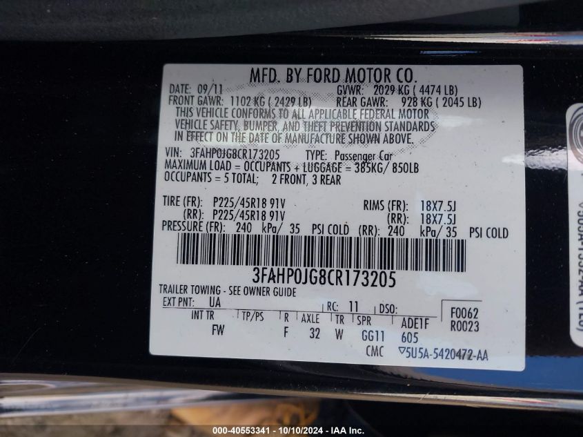 2012 Ford Fusion Sel VIN: 3FAHP0JG8CR173205 Lot: 40553341