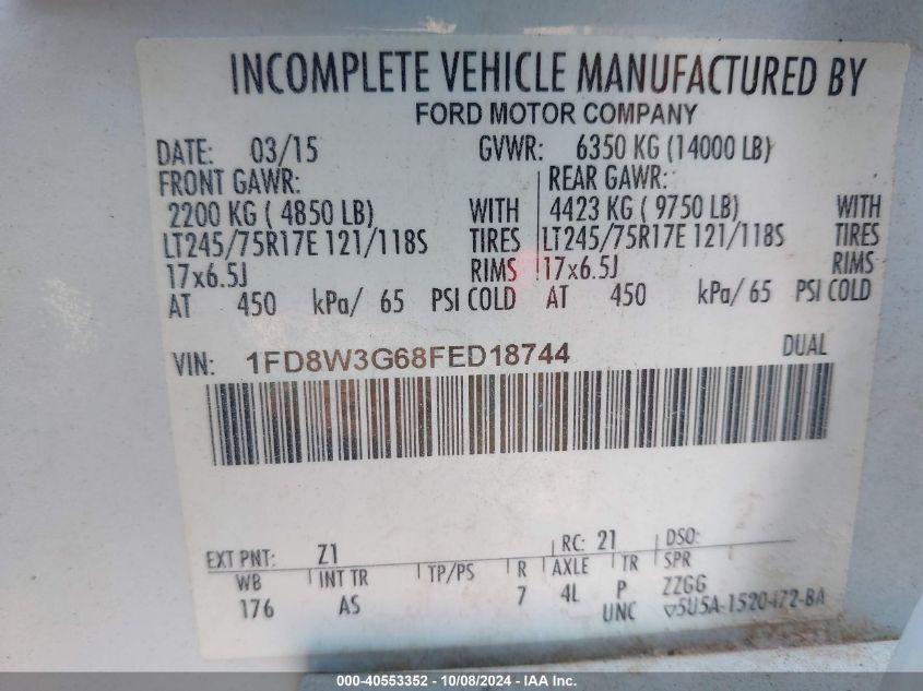 2015 Ford F350 Super Duty VIN: 1FD8W3G68FED18744 Lot: 40553352