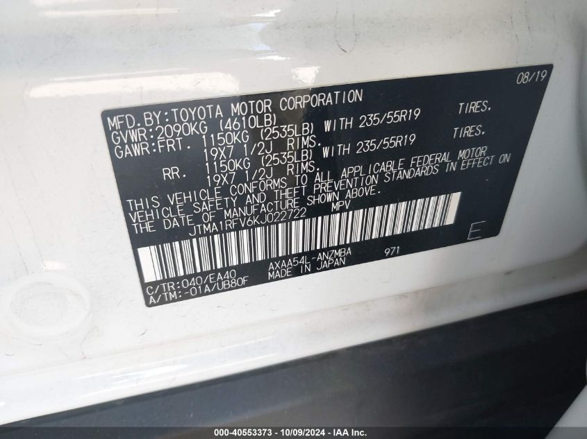 JTMA1RFV6KJ022722 2019 Toyota Rav4 Xle Premium