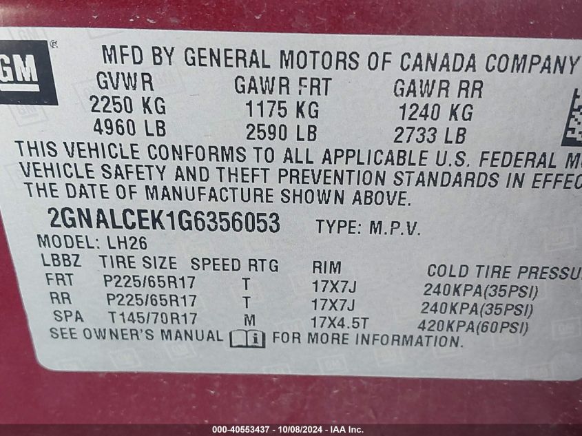 2GNALCEK1G6356053 2016 Chevrolet Equinox Lt