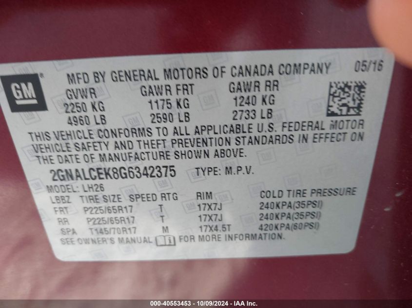 2GNALCEK8G6342375 2016 Chevrolet Equinox Lt