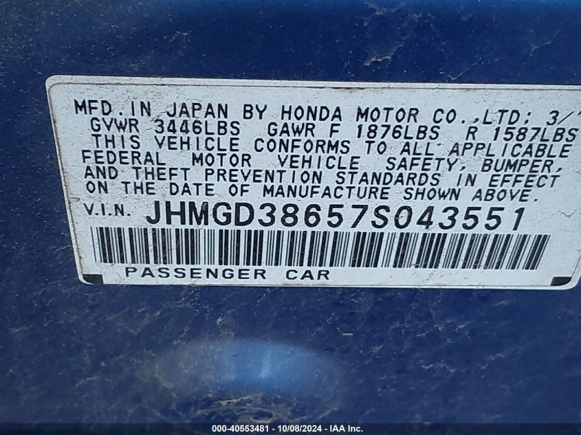 JHMGD38657S043551 2007 Honda Fit Sport