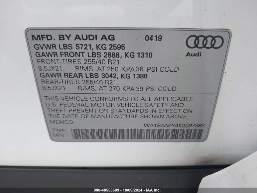 2019 Audi Sq5 3.0T Premium VIN: WA1B4AFY4K2097382 Lot: 40553509