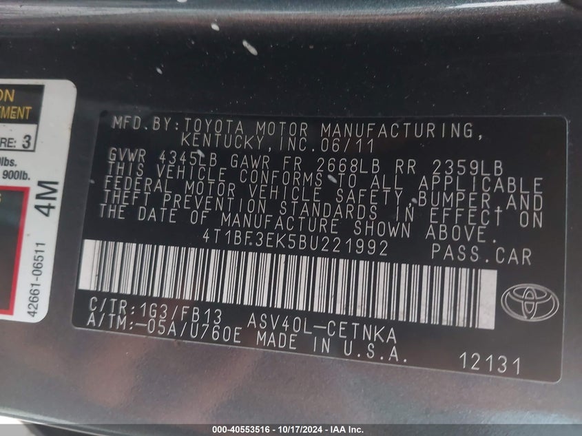 2011 TOYOTA CAMRY VIN: 4T1BF3EK5BU221992