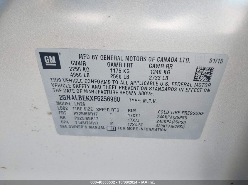 2GNALBEKXF6256980 2015 Chevrolet Equinox 1Lt