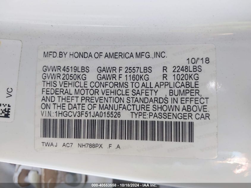 VIN 1HGCV3F51JA015526 2018 Honda Accord, Hybrid Ex-L no.9