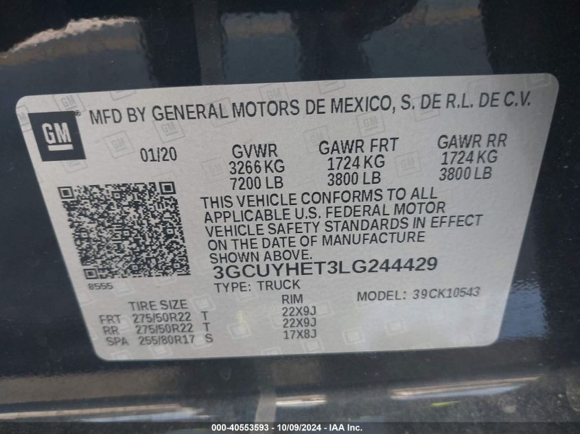 3GCUYHET3LG244429 2020 Chevrolet Silverado K1500 High Country