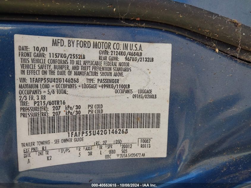 2002 Ford Taurus Ses VIN: 1FAFP55U42G146268 Lot: 40553615