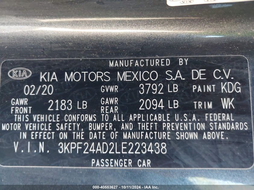 3KPF24AD2LE223438 2020 Kia Forte Lxs