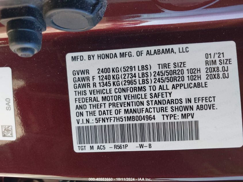 2021 Honda Passport Exl VIN: 5FNYF7H51MB004964 Lot: 40553660