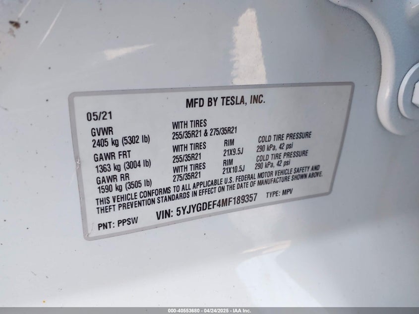 2021 Tesla Model Y Performance Dual Motor All-Wheel Drive VIN: 5YJYGDEF4MF189357 Lot: 40553680