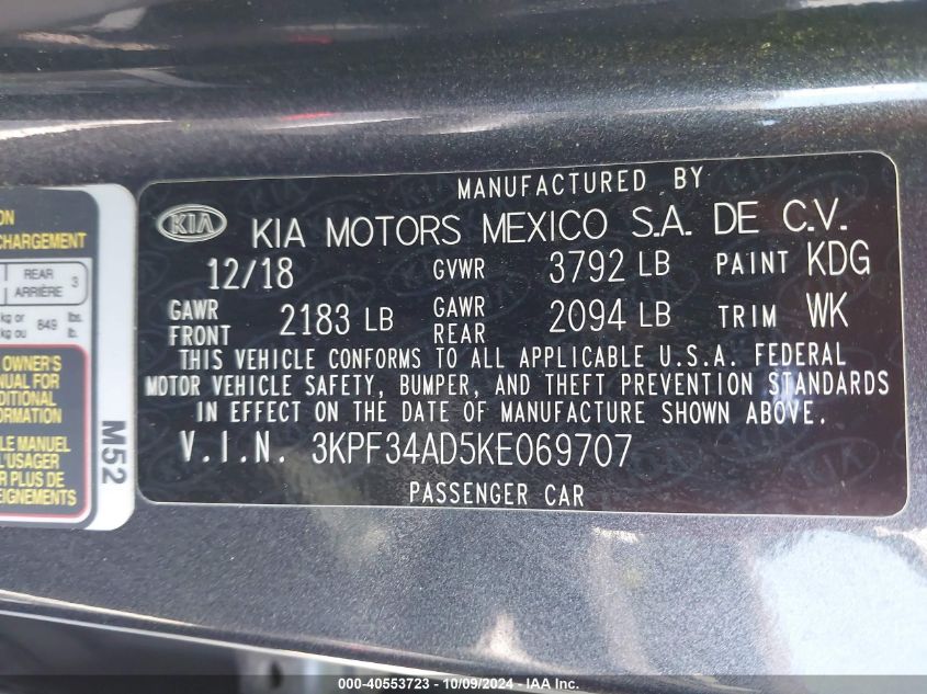 3KPF34AD5KE069707 2019 Kia Forte S