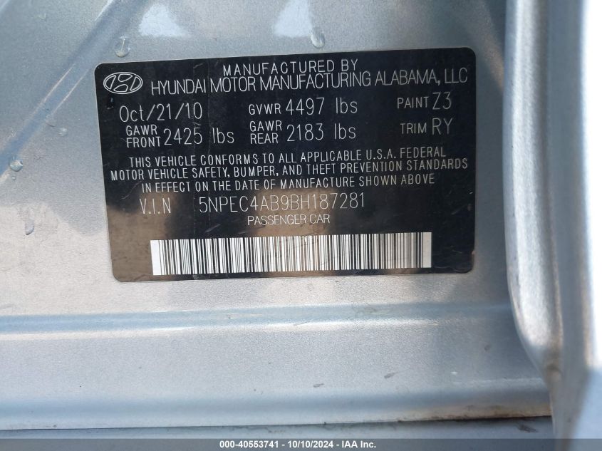 5NPEC4AB9BH187281 2011 Hyundai Sonata Se 2.0T