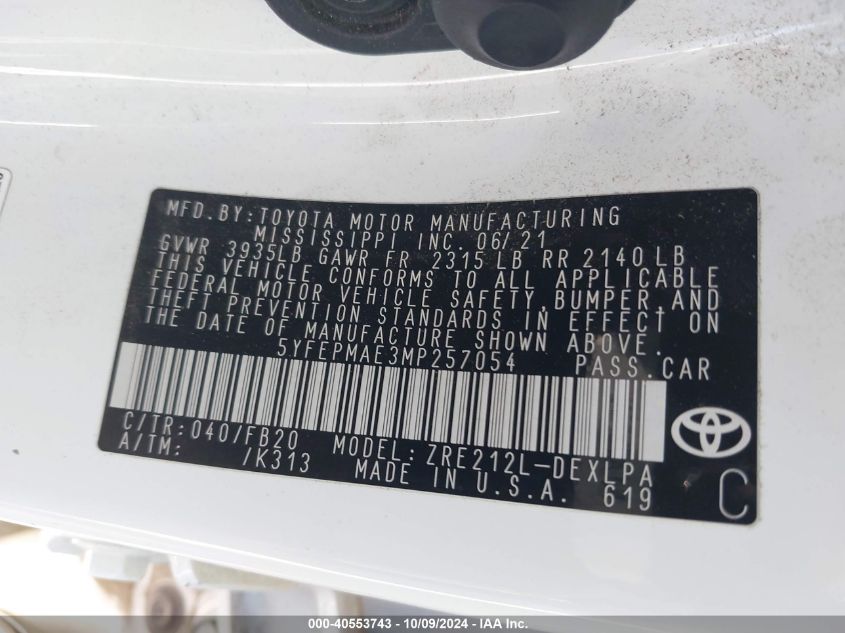 5YFEPMAE3MP257054 2021 Toyota Corolla Le